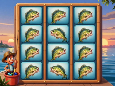 Big Bass Bonanza Slot mit Cartoon-Angler, springenden Fischen und See-Hintergrund