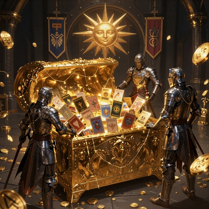 Vier Ritter-Provider bewachen die Card-Collection-Truhe mit k&ouml;niglichen Sammelkarten