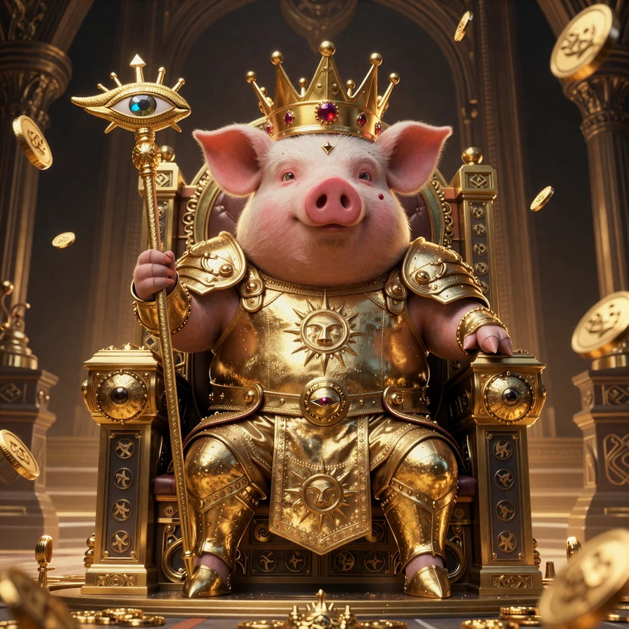 Schweinek&ouml;nig Buzzer in goldener R&uuml;stung mit Krone auf Merkur-Slot-Thron - CrazyBuzzer Casino Maskottchen