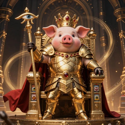 Schweinek&ouml;nig Buzzer mit goldener Krone und Eye-of-Horus-Szepter